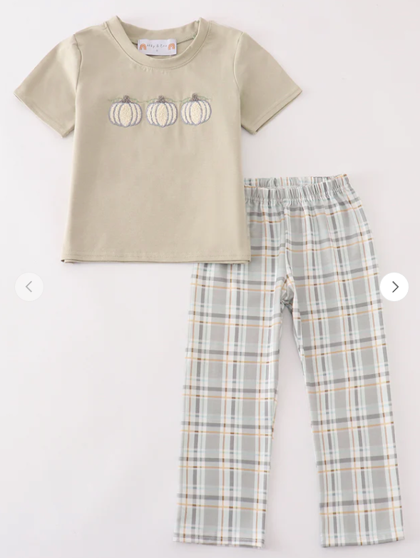 Pumpkin French Knot Plaid Boy 2 Piece Set Honeydew