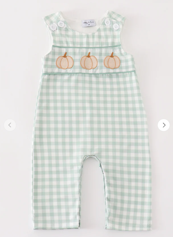 Green Gingham Pumpkin Embroidery Boy JonJon Overall Honeydew