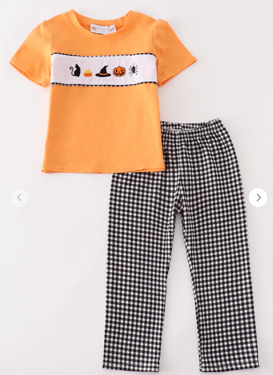 Halloween Embroidery Boy 2 Piece Set Honeydew