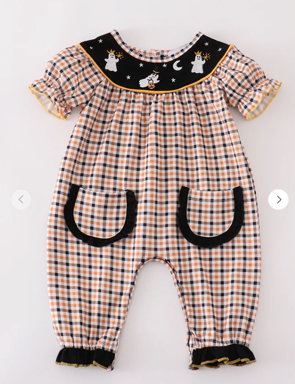 Halloween Ghost Embroidery Plaid Girl Romper Honeydew