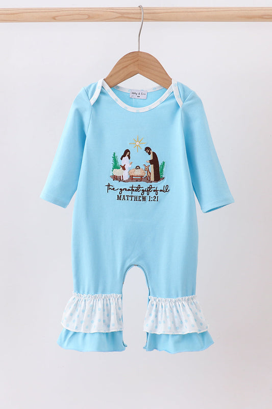 Blue Nativity Embroidery Ruffle Girl Romper Honeydew