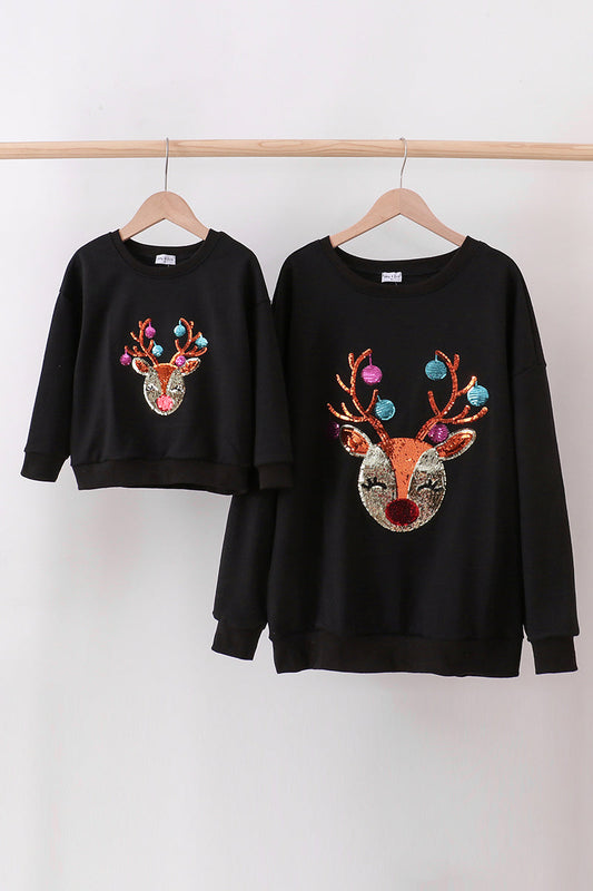 Black Reindeer Sequin Mom and Me Sweater Honeydew