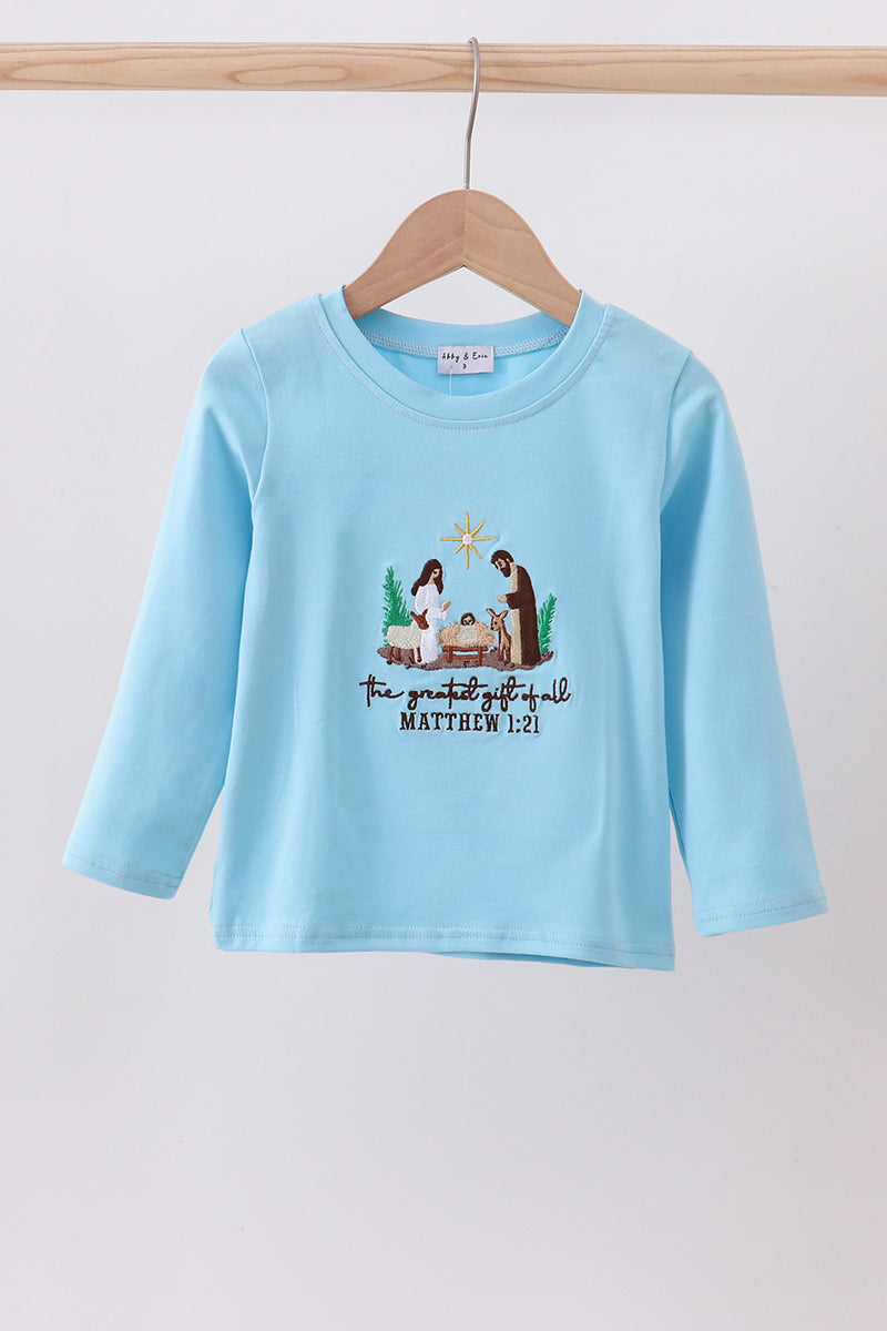 Blue Nativity Embroidery Boy Shirt Honeydew