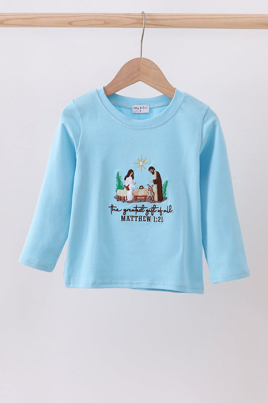 Blue Nativity Embroidery Boy Shirt Honeydew