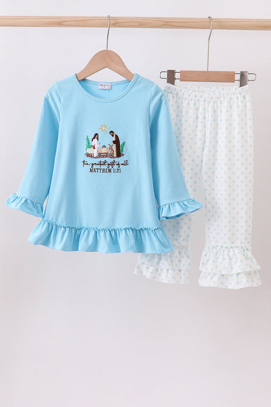 Blue Nativity Embroidery Ruffle Pants Set Honeydew