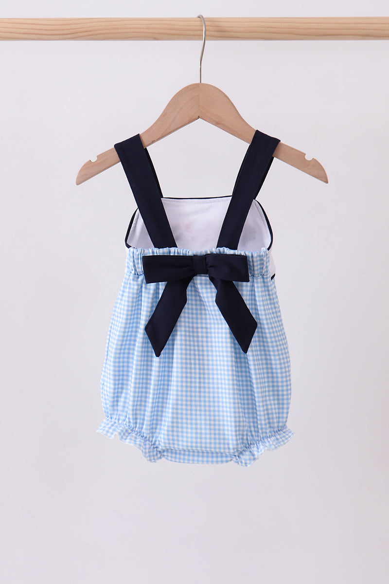 Blue Character Embroidery Gingham Bubble Honeydew