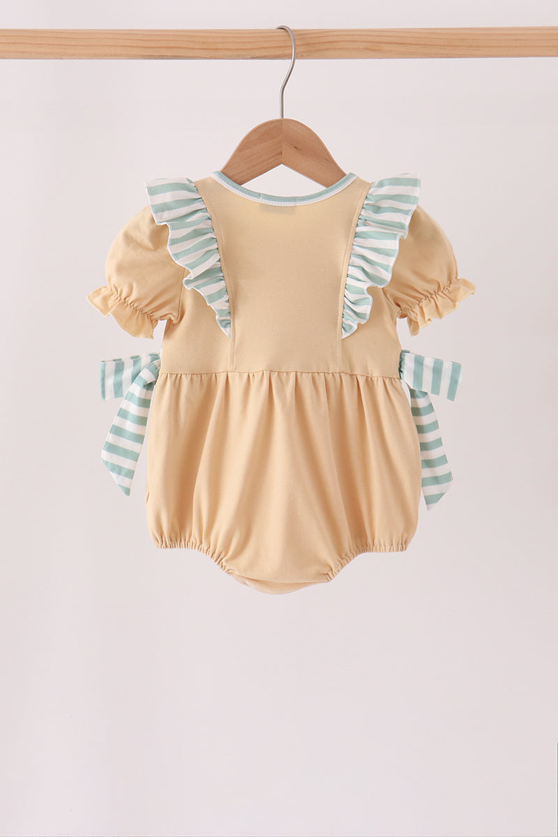 God is great God is good tan and striped embroidery ruffle bubble Honeydew