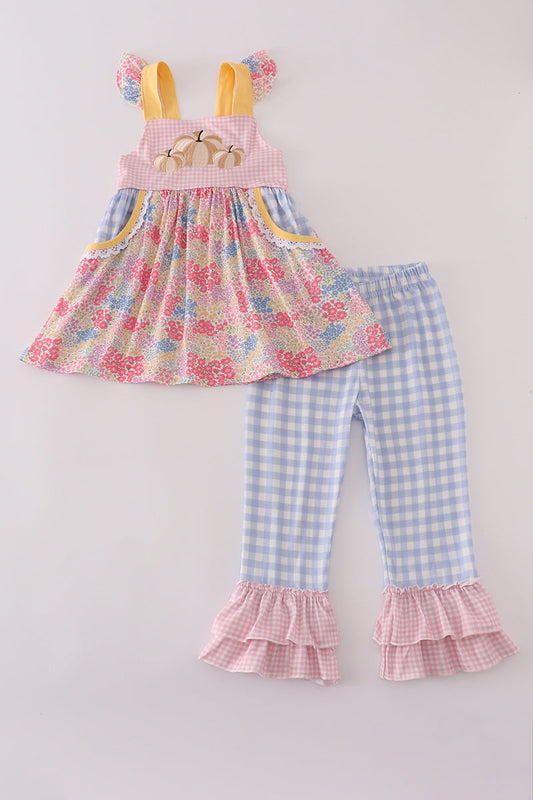 Pink Floral Patchwork Pumpkin Embroidery Ruffle Pants Honeydew