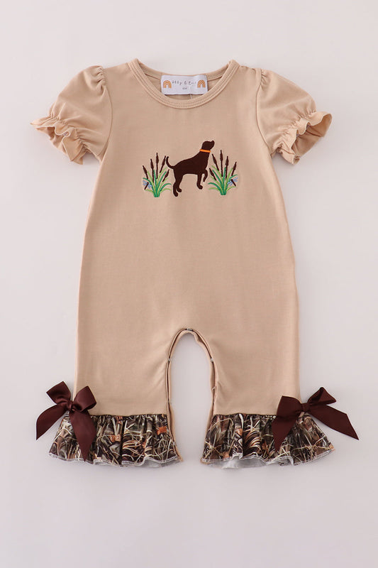 Camoflauge Hound Embroidery Girl Ruffle Romper Honeydew