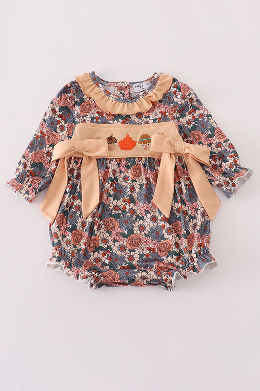 Fall Floral Print Pumpkin Embroidery Bubble Honeydew