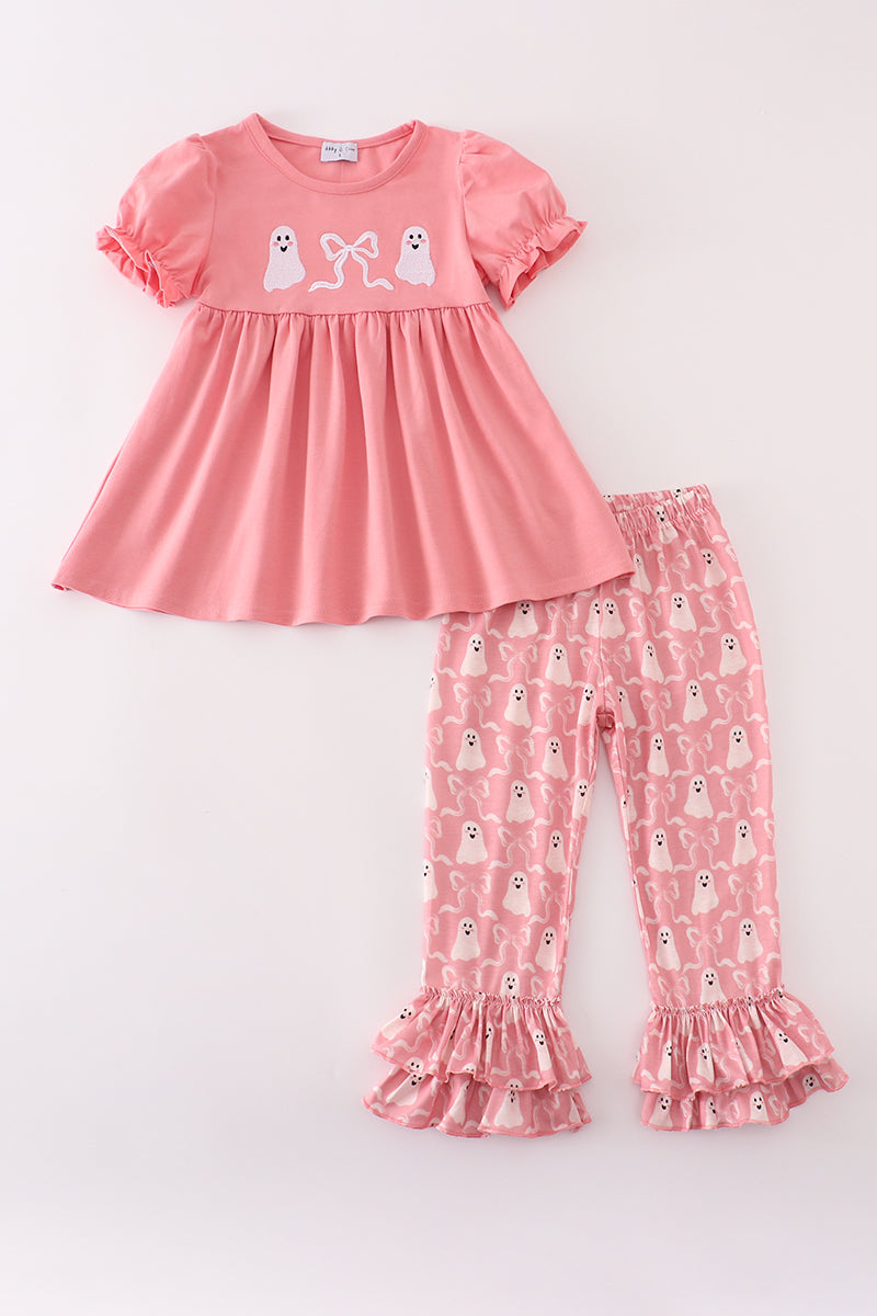 Halloween Pink Ruffle Ghost Embroidery Pants Set Honeydew