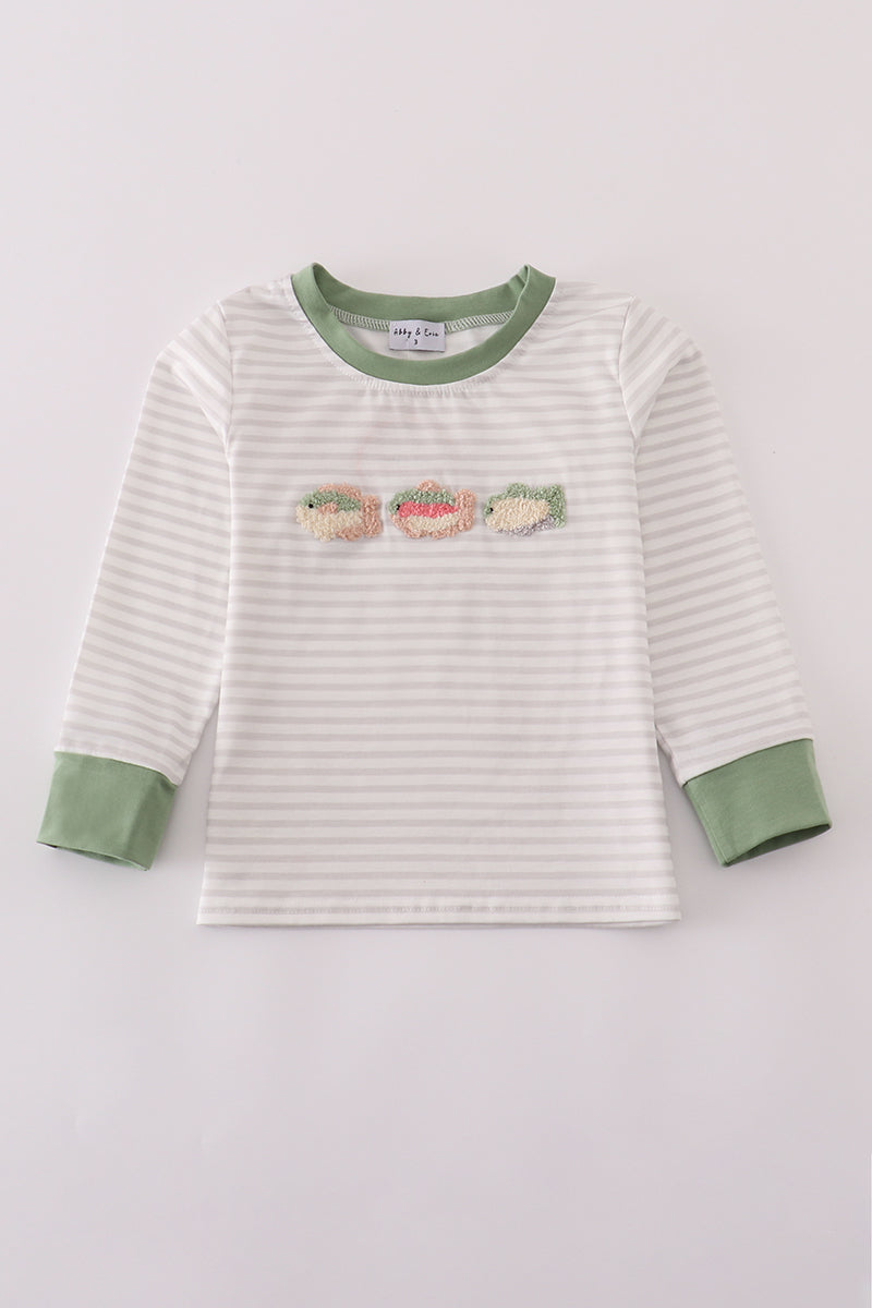 Sage Fish French Knot Stripe Top Honeydew