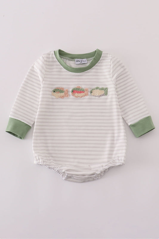 Sage Fish French Knot Stripe Romper Honeydew