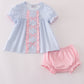 Blue Bow Embroidery  Gingham Ruffle Bloomer Set Honeydew