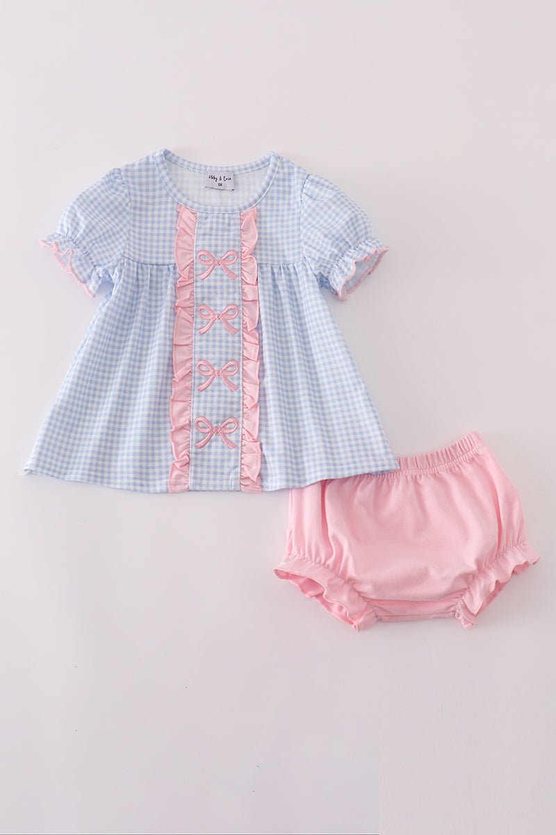 Blue Bow Embroidery  Gingham Ruffle Bloomer Set Honeydew