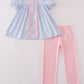 Blue Bow Embroidery Gingham Ruffle Pants Set Honeydew