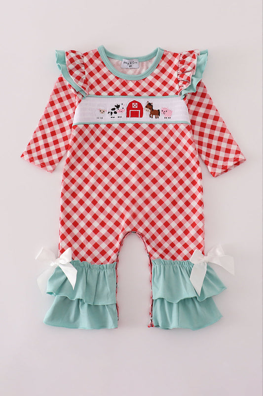 Red Farm Smocked Girl Ruffle Romper Honeydew