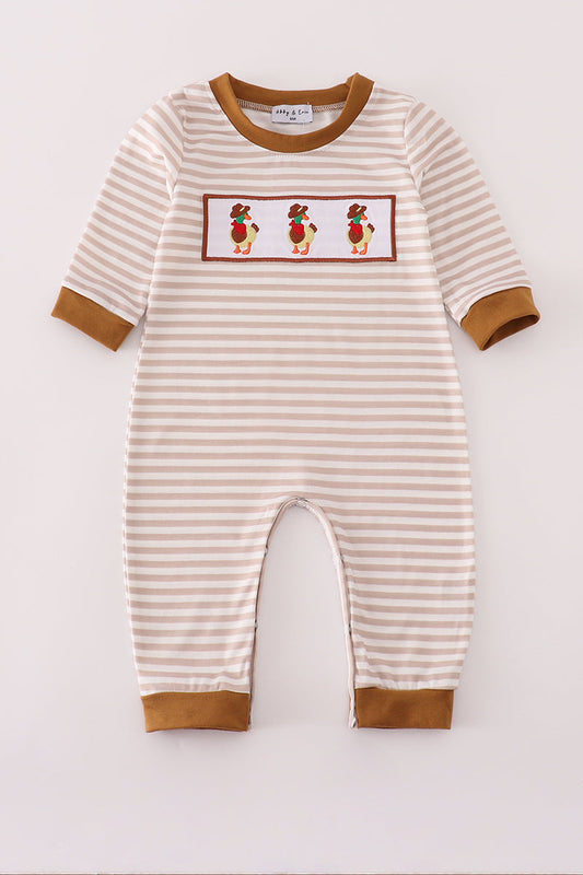 Brown Striped Duck Embroidery Romper Honeydew