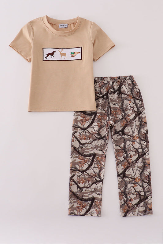 Hunting Dog Deer Duck Embroidery Boys Pants Set Honeydew