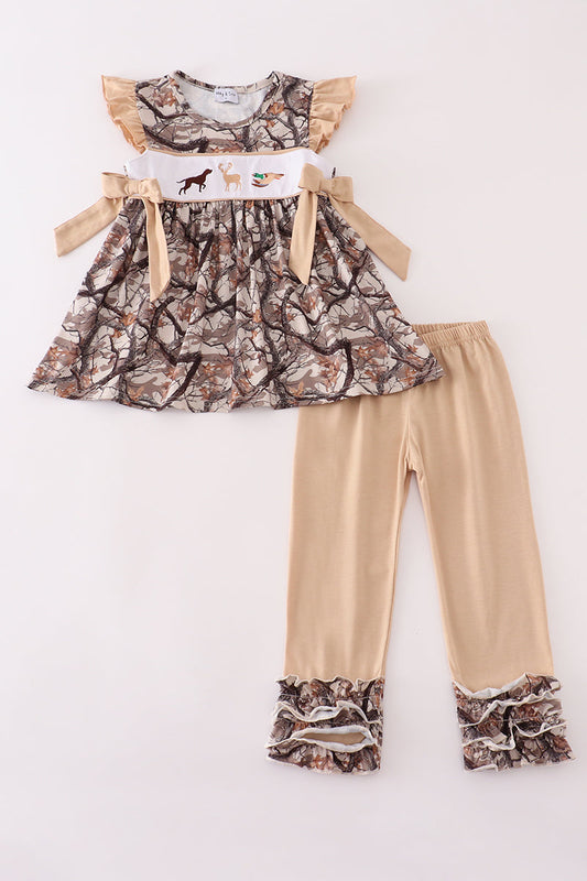 Hunting Dog Deer Duck Embroidery Ruffle Girl Pants Set Honeydew