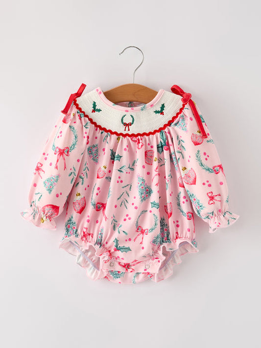 Winter Christmas Smocking Embroidery Colorful Girl Romper Rylee Faith