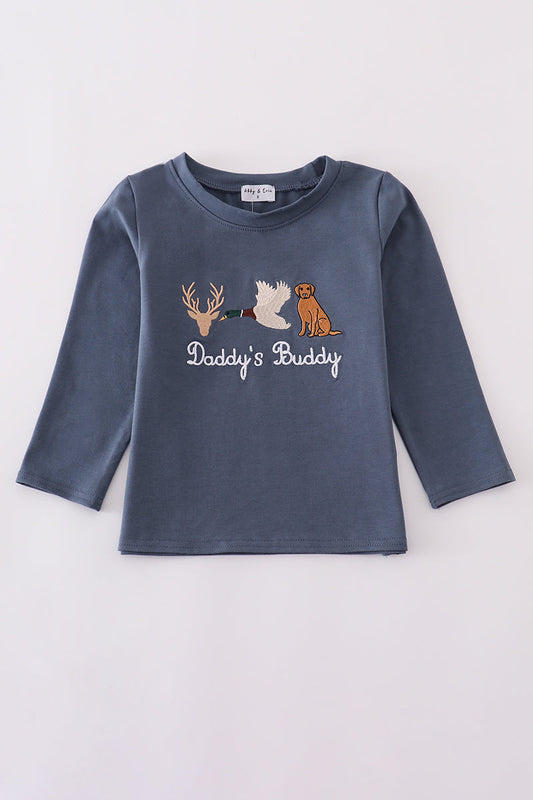 Daddy's Buddy Navy Hunting Embroidery Boy Top Honeydew
