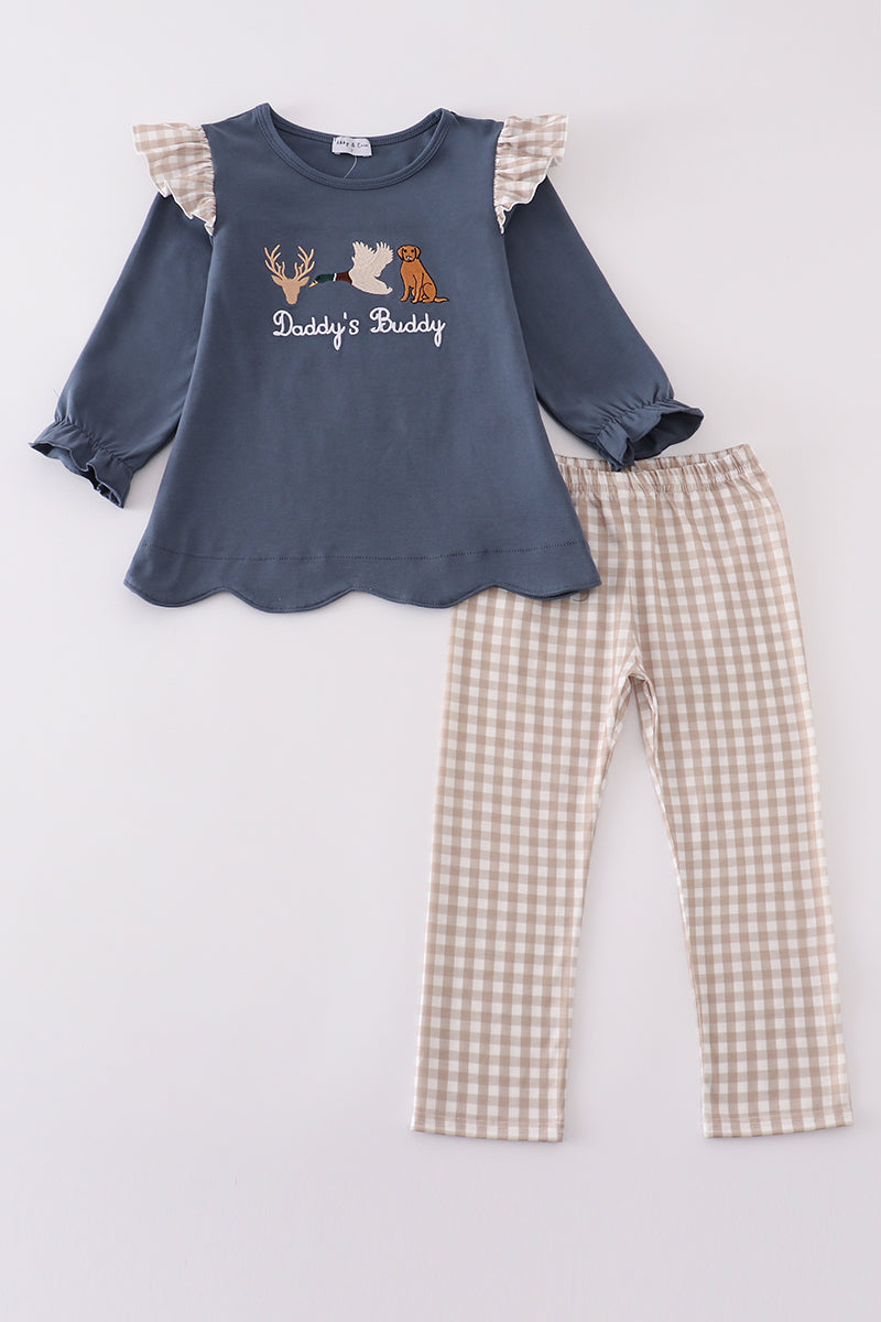 Daddy's Buddy Navy Hunting Ruffle Embroidery Girl 2 Pc Set Honeydew