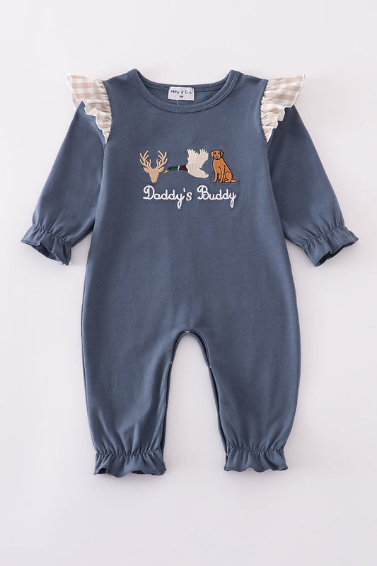 Daddy's Buddy Navy Hunting Ruffle Embroidery Girl Romper Honeydew