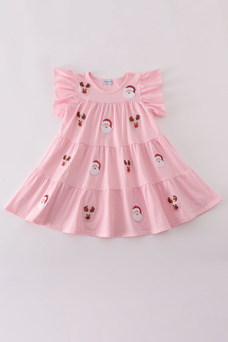 Pink Santa Claus Reindeer Sequin Tiered Ruffle Dress Honeydew