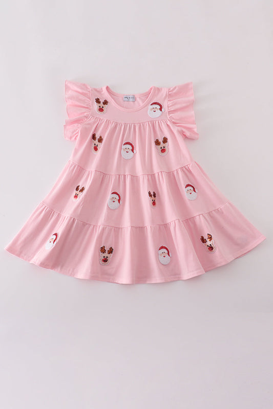 Pink Santa Claus Reindeer Sequin Tiered Ruffle Dress Honeydew