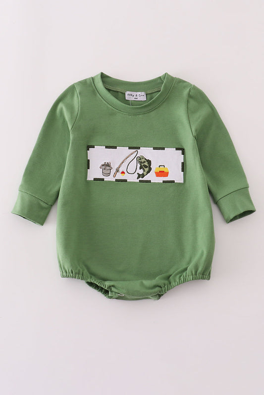 Green Fishing Embroidery Long Sleeve Boy Romper Honeydew