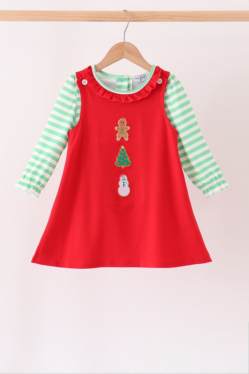 Red Gingerbread Tree Embroidery 2 Pc Dress Set Honeydew