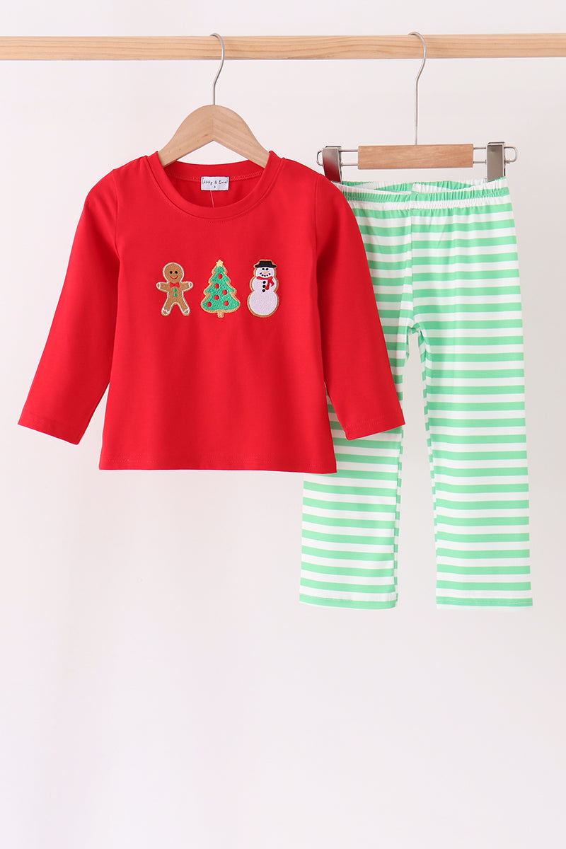 Red Gingerbread Tree Embroidery Pants Set Honeydew