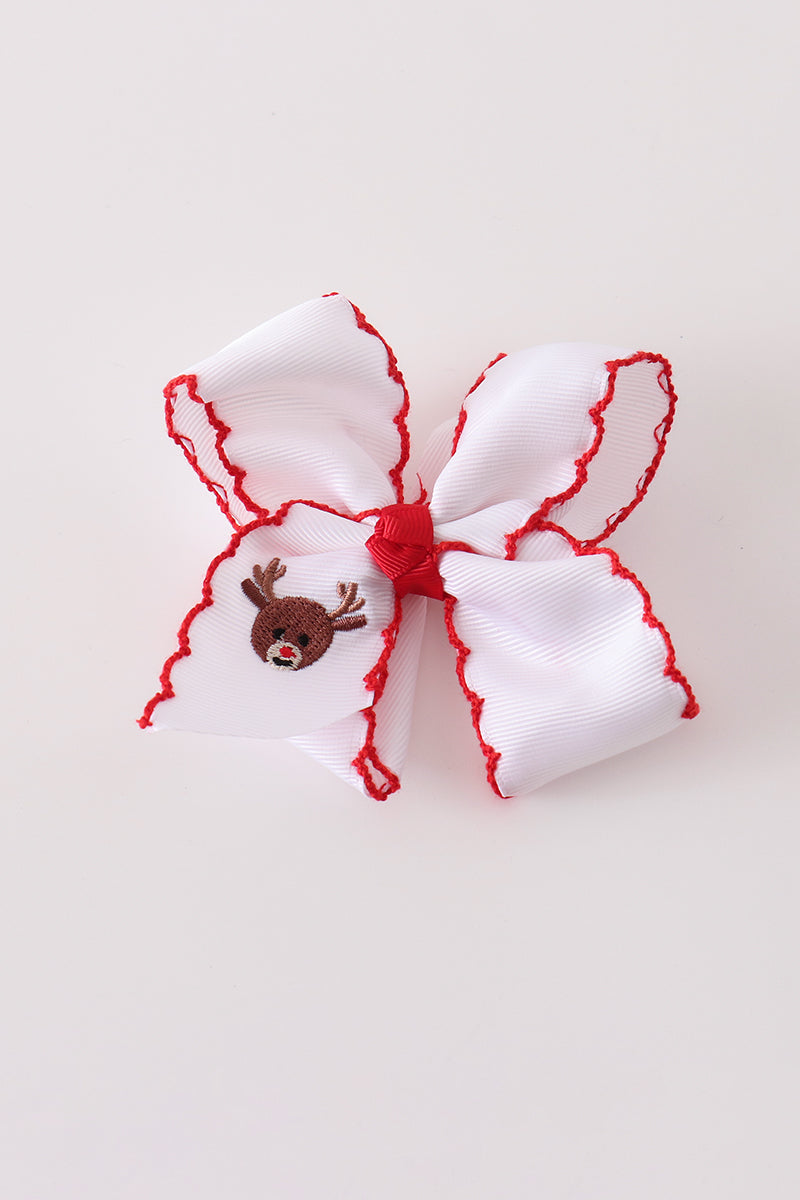 Red Reindeer Holiday Embroidery Crotchet Edge Alligator Clip Hair Bow Honeydew