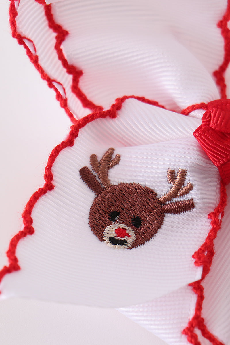 Red Reindeer Holiday Embroidery Crotchet Edge Alligator Clip Hair Bow Honeydew