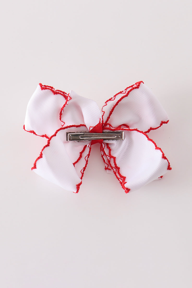 Red Reindeer Holiday Embroidery Crotchet Edge Alligator Clip Hair Bow Honeydew
