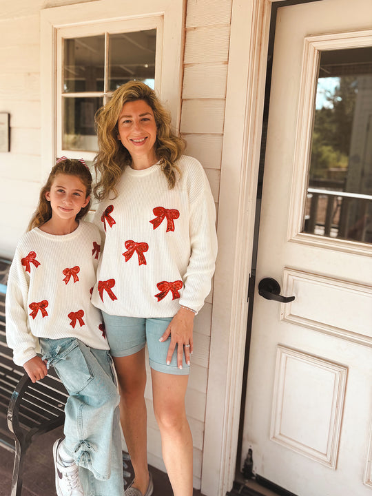Mommy and Me White Red Bow Sequin Jolly Girl Sweater Pullover Rylee Faith