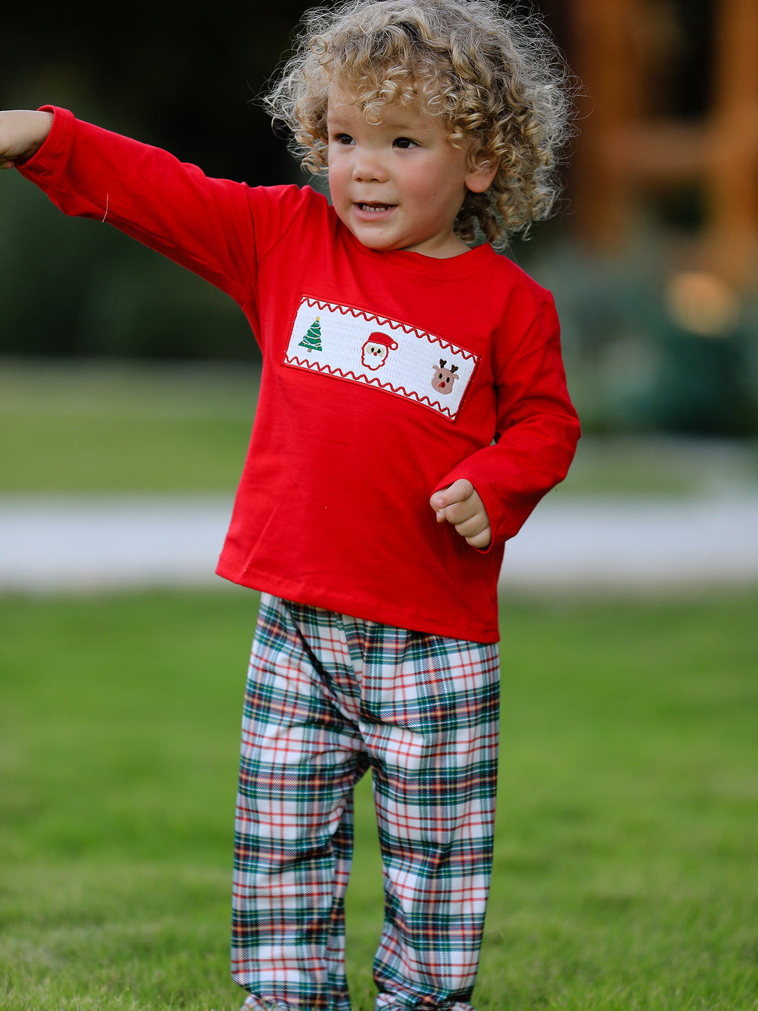 Christmas Plaid Santa Embroidered Machine Smocked Boys Pants Set Rylee Faith