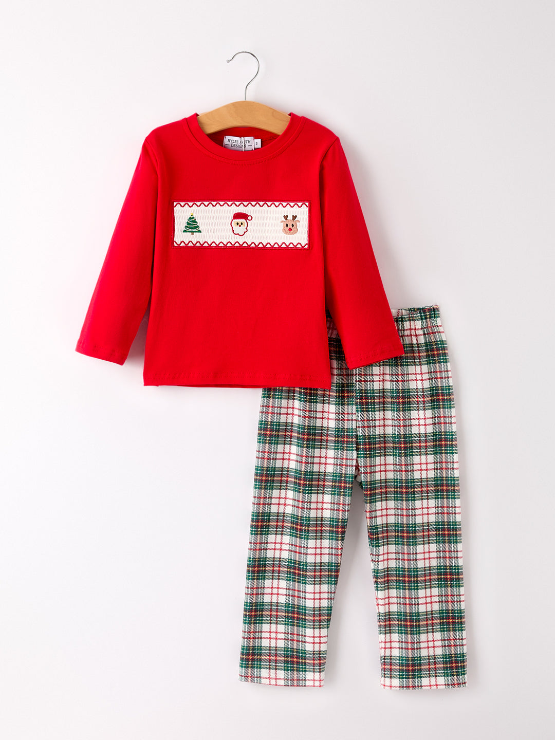 Christmas Plaid Santa Embroidered Machine Smocked Boys Pants Set Rylee Faith