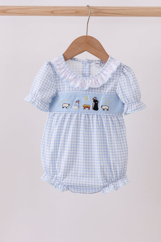 Blue Nativity Embroidery Girl Ruffle Bubble Honeydew