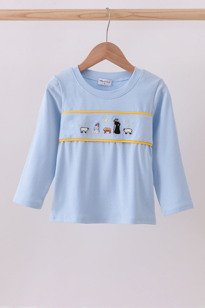 Blue Nativity Embroidery Shirt Honeydew