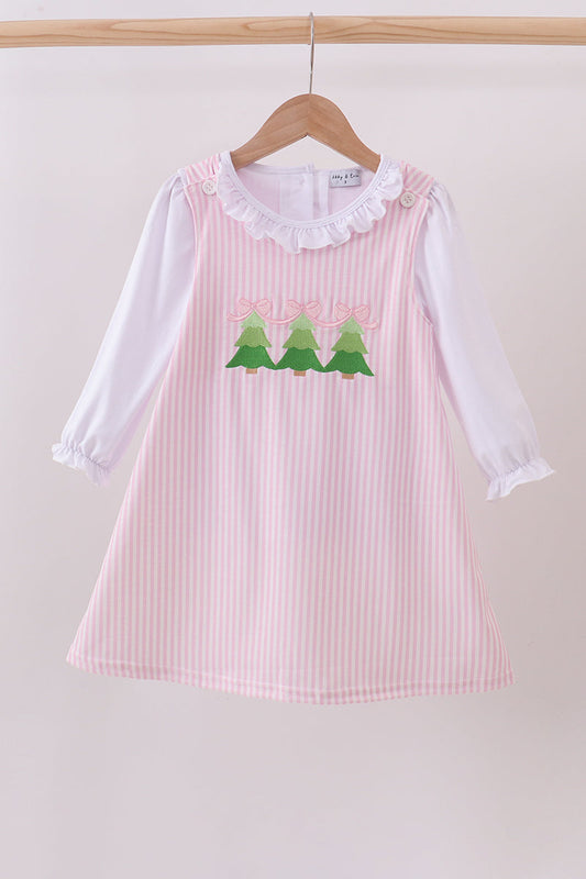 Pink Christmas Tree Embroidery Ruffle Dress Honeydew