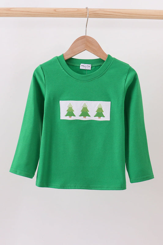 Green Christmas Tree Embroidery Boy Top Honeydew