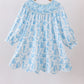 Blue Snowman Christmas Tree Smocked Dress Honeydew