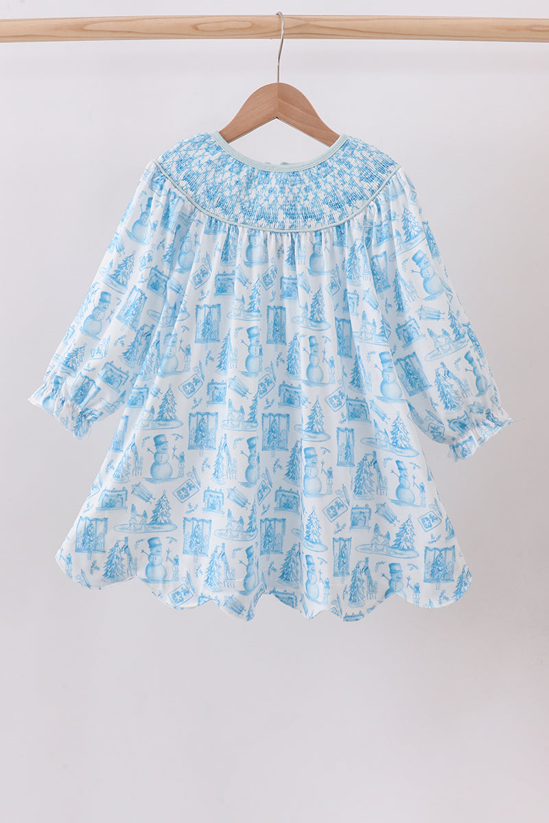 Blue Snowman Christmas Tree Smocked Dress Honeydew