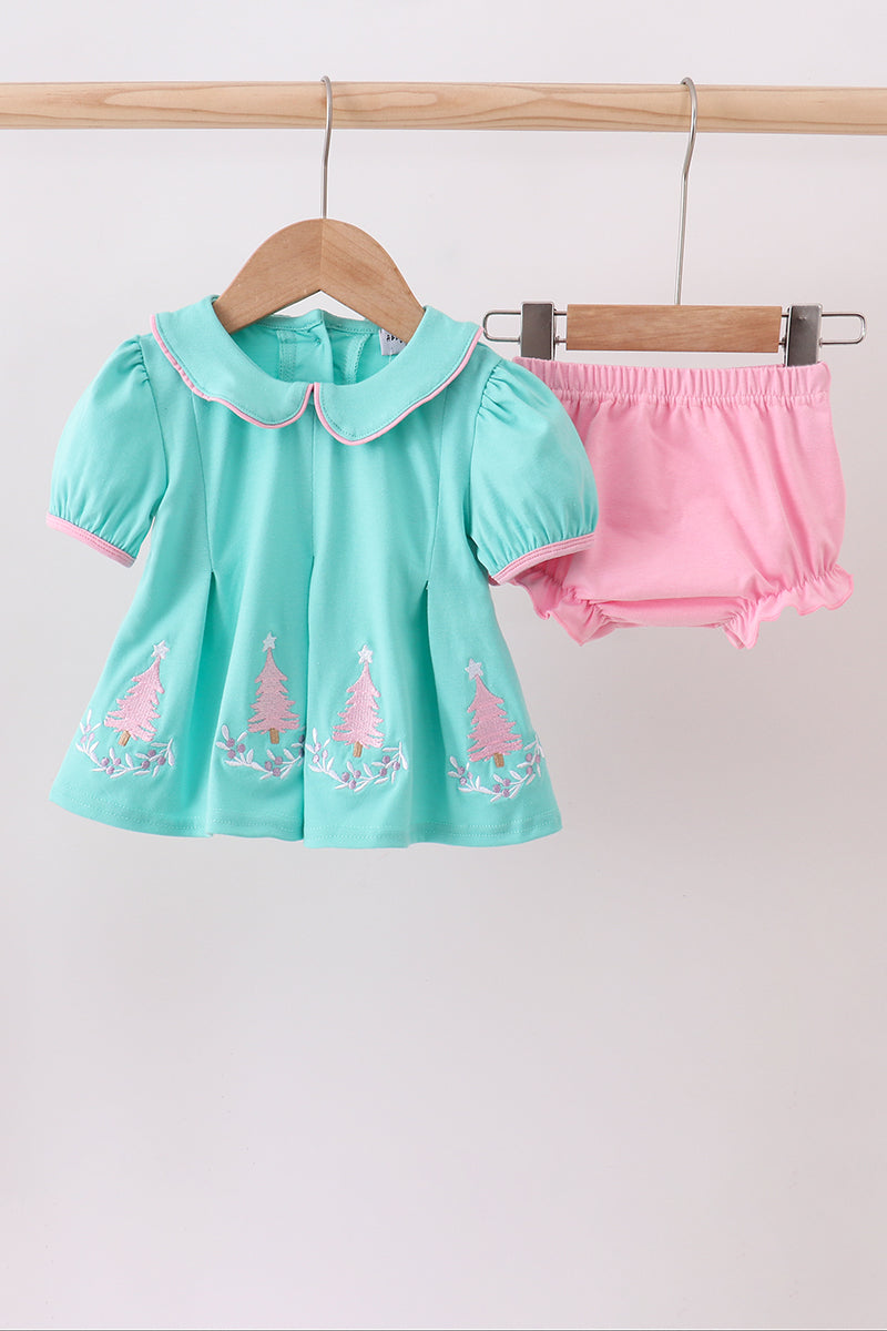 Mint and Pink Christmas Tree Embroidery Bloomer Set Honeydew