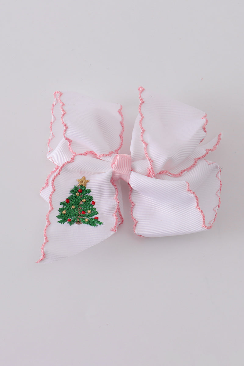 Christmas Tree Embroidery Crotchet Edge Alligator Clip Hair Bow Honeydew