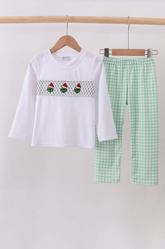 Green Mean One Smocked Gingham Boys Pants Set Honeydew