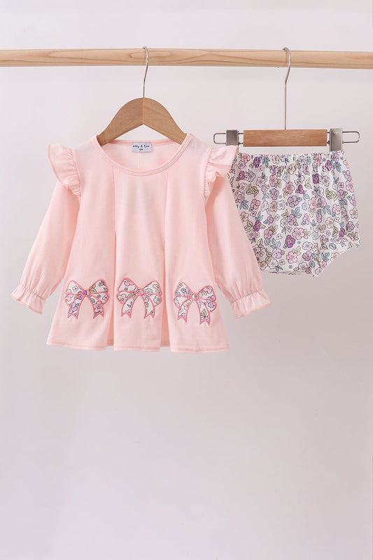 Pink Floral Bow Applique Ruffle Bloomer Set Honeydew