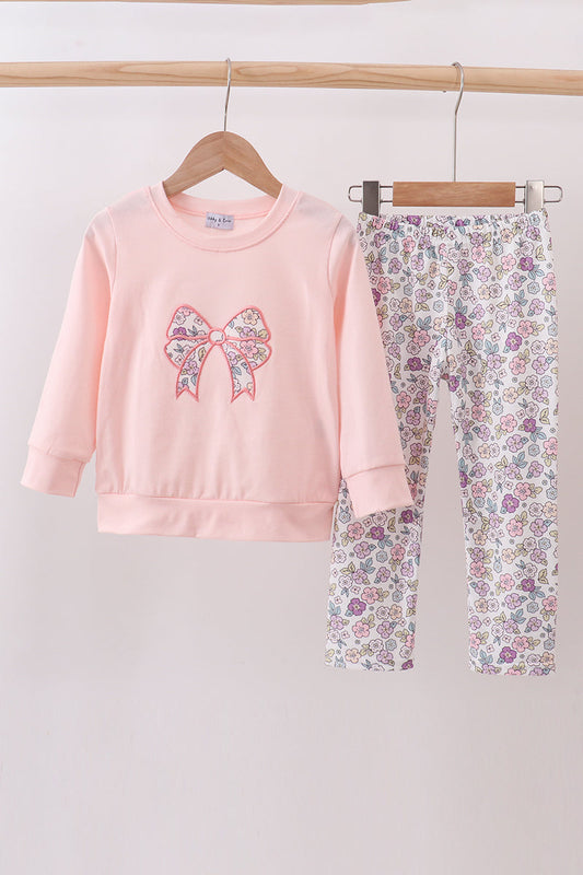 Pink Floral Bow Applique Ruffle Pants Set Honeydew